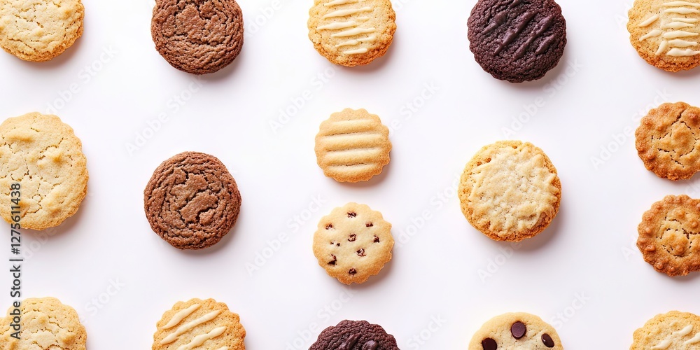 Poster assorted cookies in various shapes and textures evenly spaced on a white background featuring golden