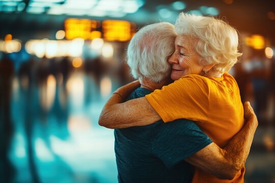 In a busy airport, a happy elderly couple embraces warmly, showcasing joy and love during their emotional reunion. Their smiles reflect cherished moments together