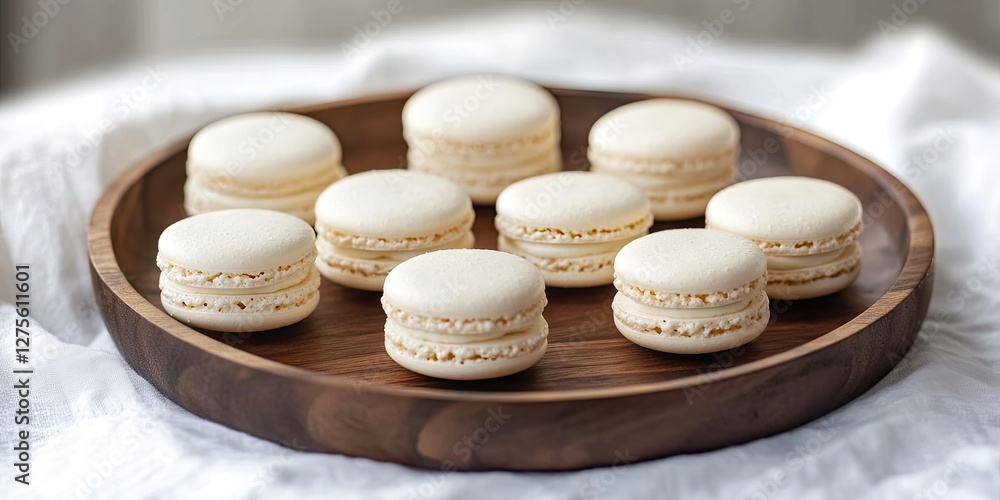 Poster Elegant wooden plate filled with creamy white macarons arranged in a circular pattern on a soft light background showcasing minimalism and simplicity.