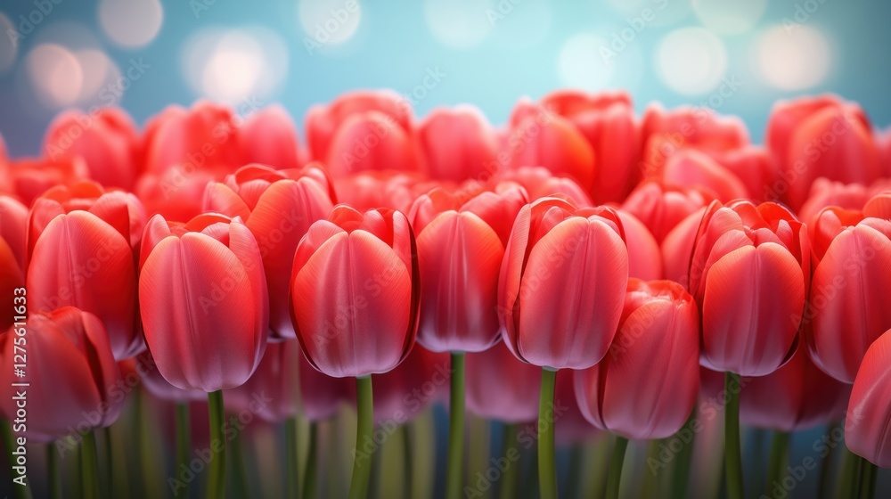 Poster a vibrant display of red tulips with delicate pink accents fills the foreground, with a soft bokeh e