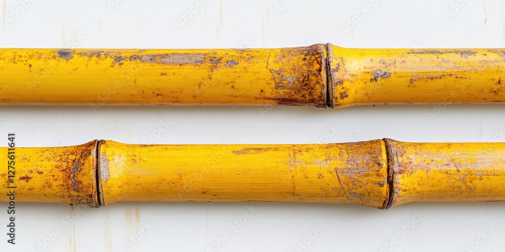 Poster close up of aged yellow bamboo sticks with intricate patterns shown against a smooth white backgroun