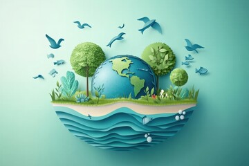 Fototapeta premium Earth Ecology System Concept. Perfect for world environment day, world water day , world meteorological day, environmental protection and save water resource. Generate AI, 2D paper art.