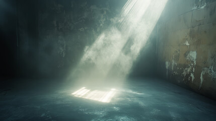 Mysterious light beams illuminating dusty, empty room