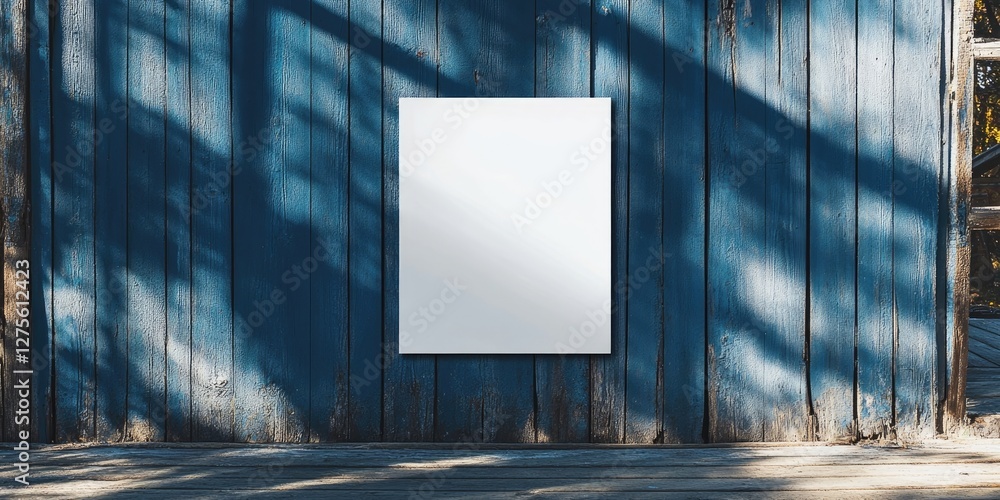 Poster blank canvas on rustic blue wooden wall casting soft shadows with sunlight highlighting textures of 
