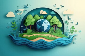 Earth Ecology System Concept. Perfect for world environment day, world water day , world meteorological day, environmental protection and save water resource. Generate AI, 2D paper art.