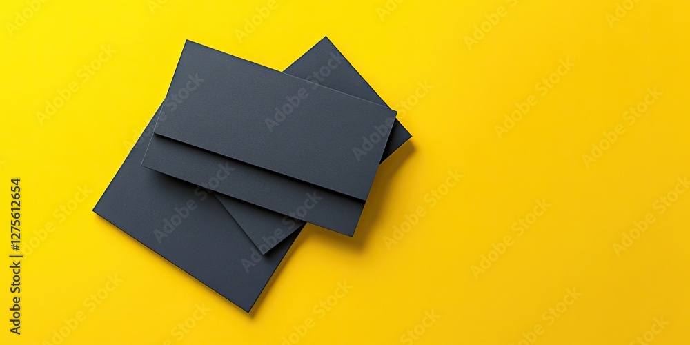 Poster stack of three dark gray envelopes on vibrant yellow background angled to the right creating a bold 