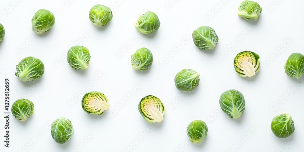 Aufkleber flat lay of fresh brussels sprouts on a white background with scattered whole and halved sprouts cre
