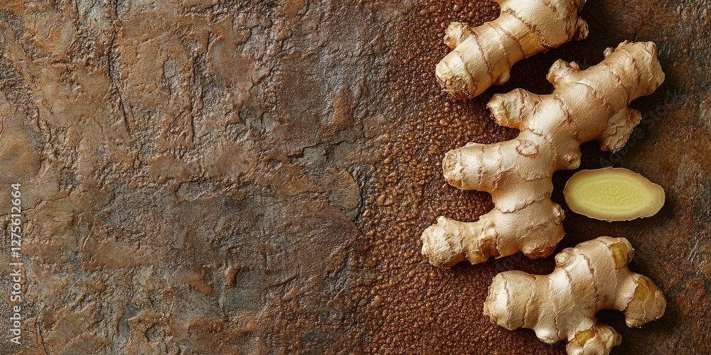 Aufkleber close up of fresh ginger roots on a textured brown mat with unique features highlighted on the left 