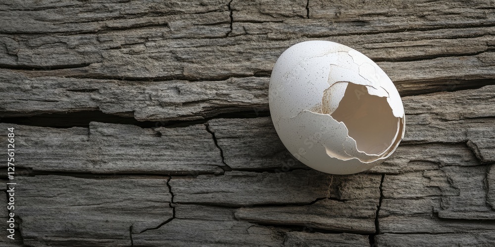 Aufkleber cracked white eggshell resting on textured weathered wood with natural tones highlighted creating sp