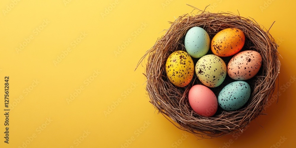 Aufkleber colorful easter eggs in a brown nest against a bright yellow background aerial view with ample copy 