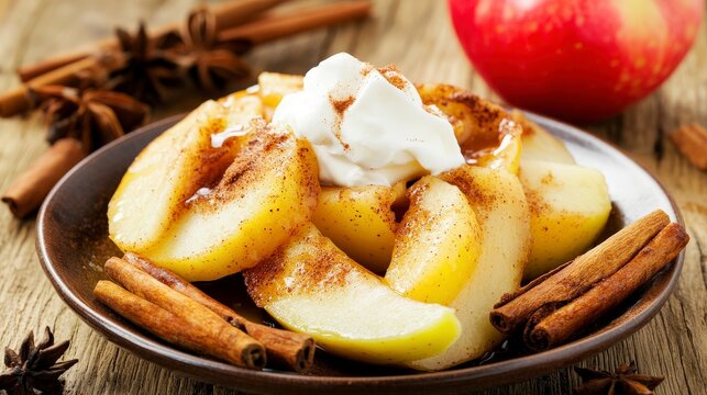 Warm Apple Slices with Cinnamon and Cream: A Cozy Autumnal Dessert
