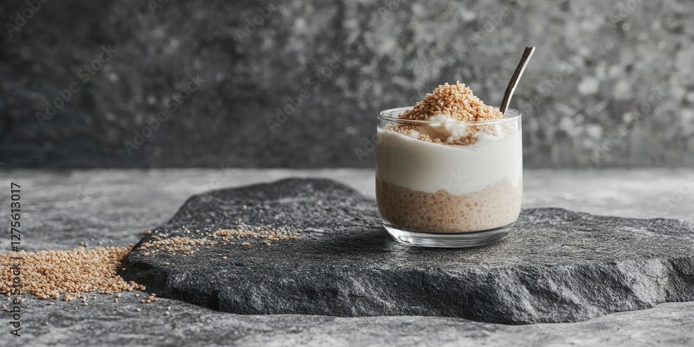 Poster elegant glass of yogurt layered with brown psyllium on a textured stone surface with scattered psyll