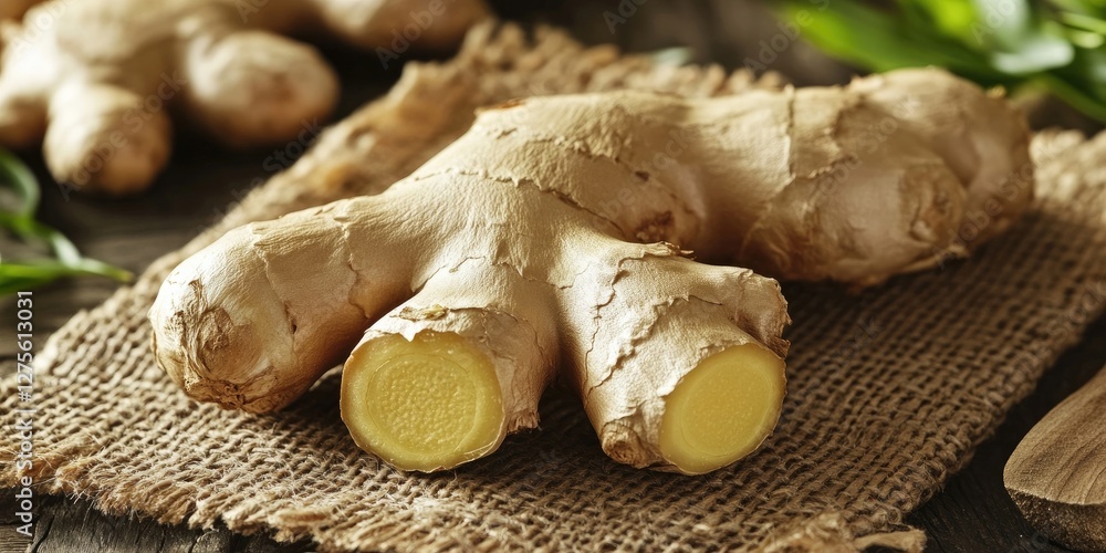 Poster close up of fresh ginger root with textured brown mat background highlighting its unique features an