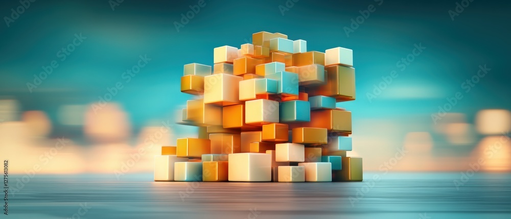 Aufkleber abstract 3d cubes structure orange teal white blocks digital design