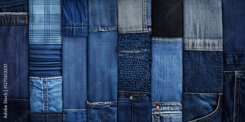 Poster diverse denim fabric swatches in varying shades of blue arranged in a horizontal layout showcasing t