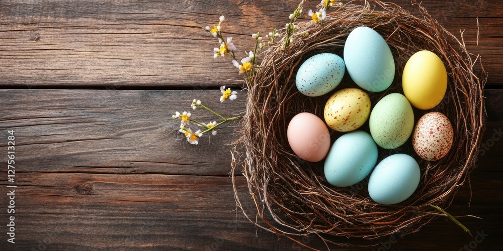 Aufkleber colorful easter eggs in a rustic nest centered on a dark wooden table with small flowers on the righ