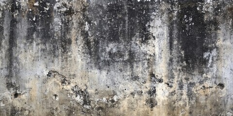 Grungy cement wall texture in dark gray and beige tones with visible cracks and stains positioned across the surface creating a distressed look