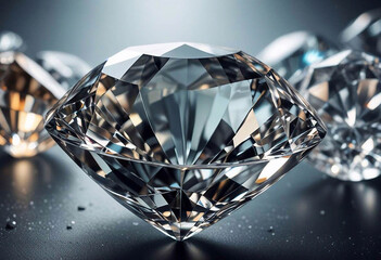 An illustration of sparkling cut diamonds lying on a smooth surface, with bright reflections of light creating an effect of luxury and purity