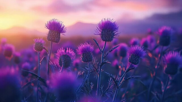 Vibrant Purple Thistle in Full Bloom Under the Golden Sunlight, Symbolizing Scottish Heritage and Natural Beauty