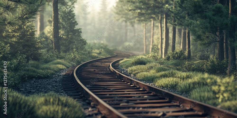 Aufkleber winding railroad tracks gracefully curve through a serene pine forest with lush greenery and trees i