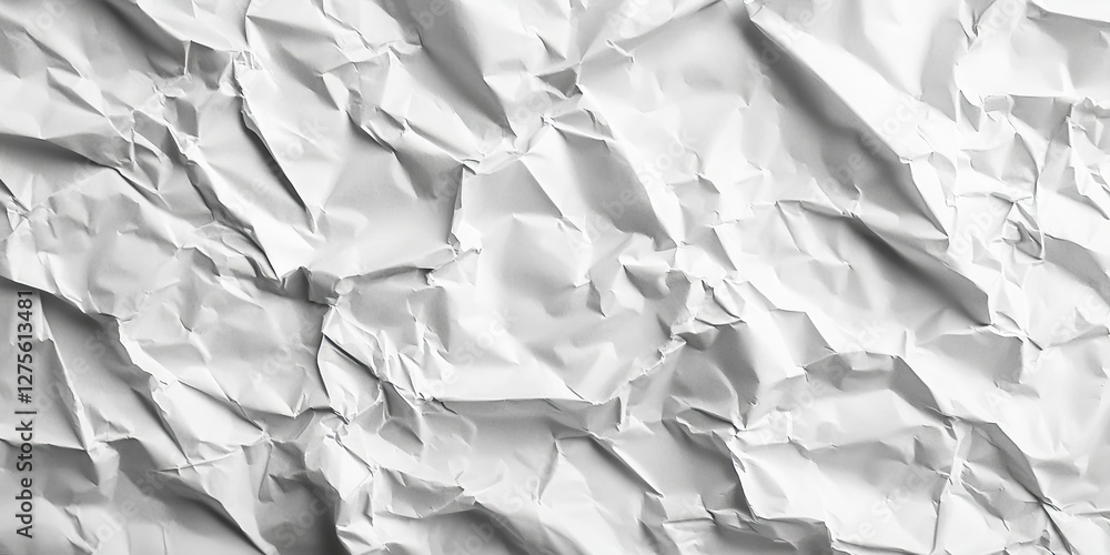 Poster crumpled white and gray paper texture background with varied folds creating depth and shadows across
