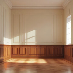 Fototapeta premium An unfurnished and empty living room with beige walls and wooden floor