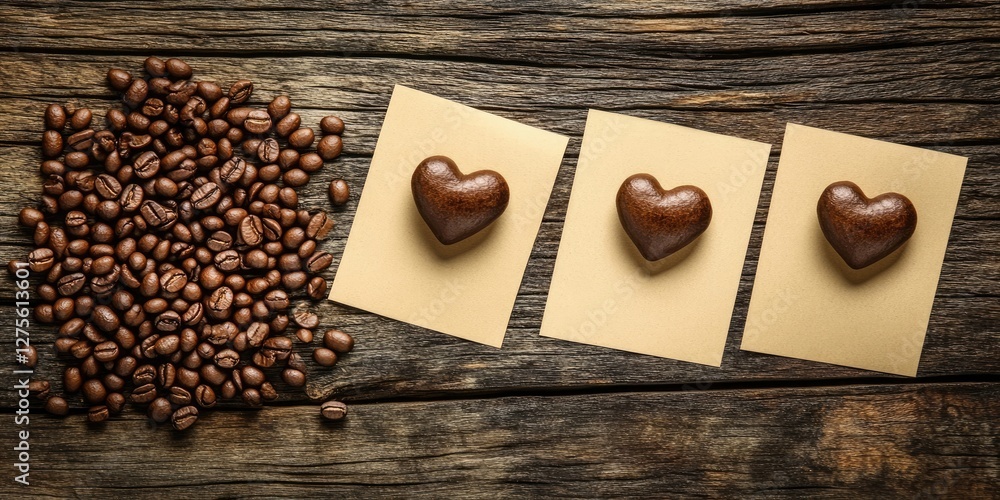Poster heart-shaped coffee beans on beige notes arranged in a row on rustic wooden background with scattere