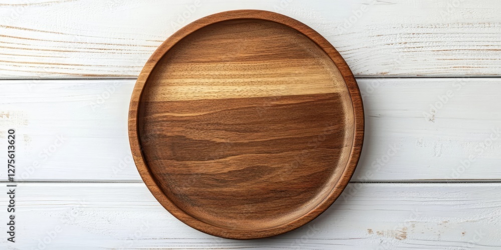 Poster top view of a circular wooden plate with a smooth grain finish on a light textured wooden background