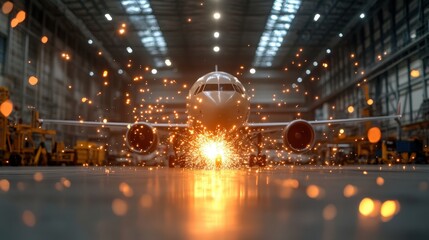 This image captures the dazzling sparks emitted from an aircraft engine during maintenance inside a vast industrial hangar, showcasing the power and precision of aviation labor.