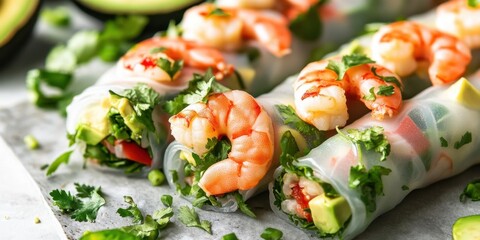 Fresh spring rolls filled with ripe avocado and shrimp on a gray stone surface garnished with green cilantro leaves vibrant colors and textures