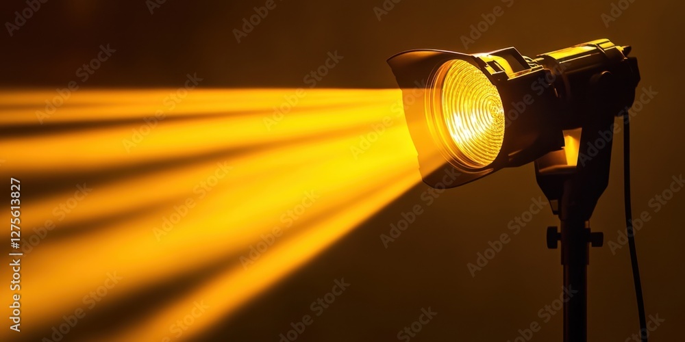 Poster illuminated yellow floodlight casting vibrant beams in a dark setting creating dramatic light effect