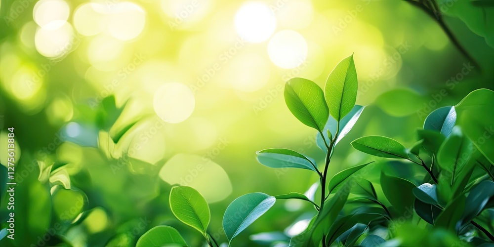 Poster lush green leaves with soft sunlight filtering through a bokeh background creating a serene and vibr