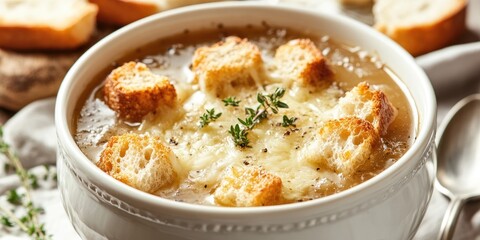 Delicious French onion soup in a white bowl topped with crispy croutons and melted cheese garnished with fresh thyme on a rustic table setting