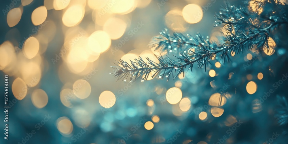 Aufkleber dreamy bokeh effect with defocused evergreen branches in the foreground against a soft golden and bl