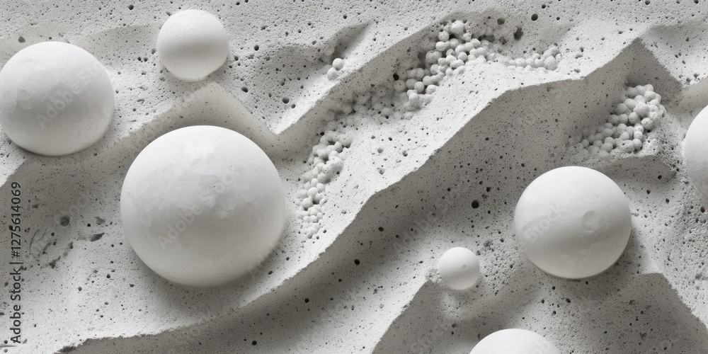 Poster textured concrete surface featuring varying sizes of white foam balls, creating depth with subtle sh