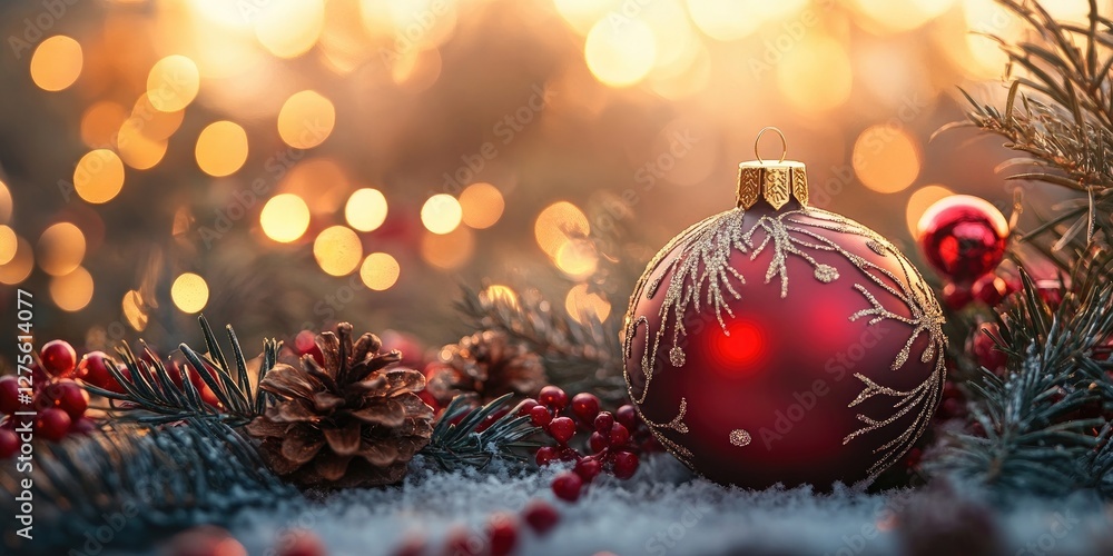 Poster vibrant red christmas ornament on frosted surface surrounded by pine branches and berries with a war