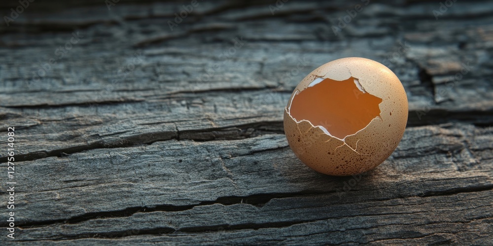 Poster cracked eggshell on a dark weathered wooden surface with a rough texture and ample space for text on