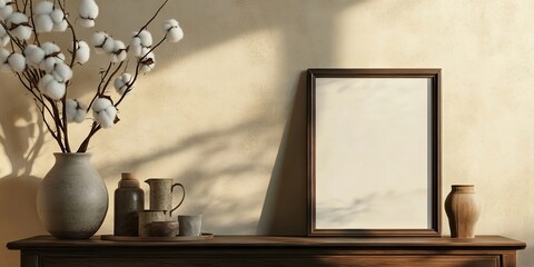 Decorative wooden sideboard displaying a neutral empty frame, cotton branch centerpiece in a beige interior with soft lighting and shadows.