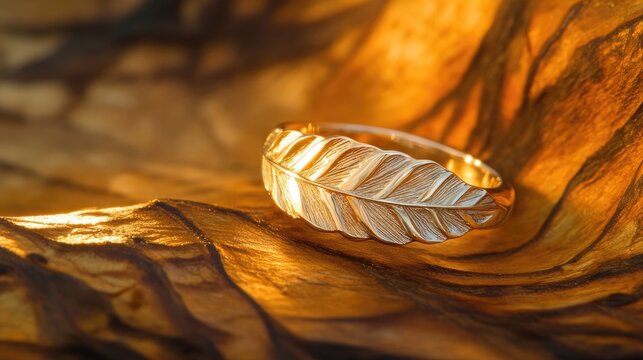 A leaf-patterned silver ring glowing under warm golden light on a fine wooden jewelry tray