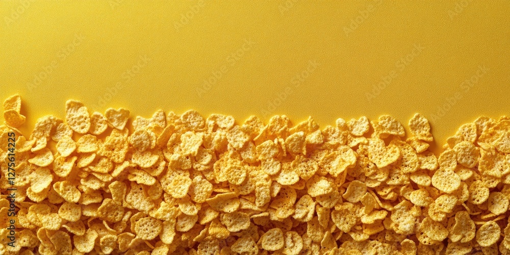 Poster scattered cornflakes on vibrant yellow background creating ample copy space with a textured layer of