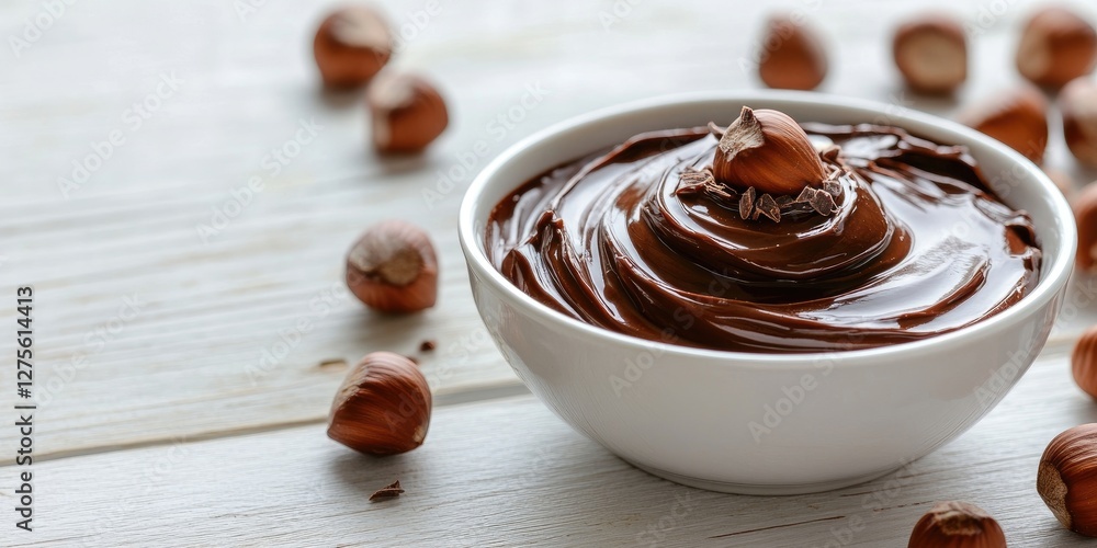 Poster bowl of rich chocolate spread with hazelnuts centered on a light wooden surface surrounded by scatte