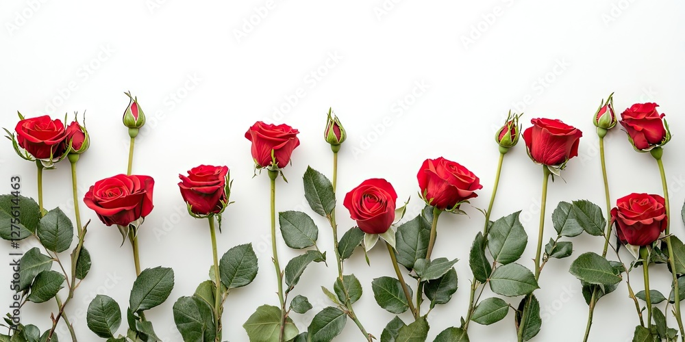 Poster red roses in varying stages of bloom arranged horizontally on a light background with green leaves c