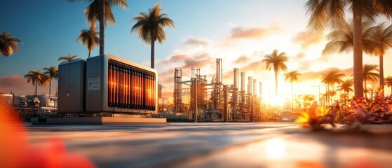Modern Energy Storage Unit at Sunset Near Refinery Palm Trees