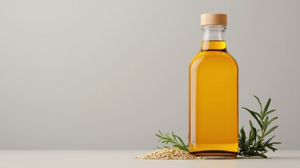 Fresh Bottle of Rice Bran Oil Beside Sesame Seeds on Neutral Background for Culinary Use