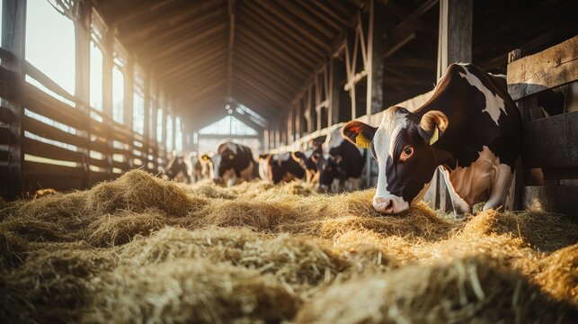 Dairy cows feeding on fresh hay inside a spacious barn with wooden beams and soft natural lighting.