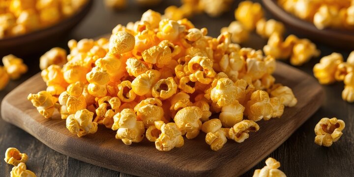 Cheese flavored popcorn piled on a wooden plate surrounded by scattered popcorn kernels in warm yellow and golden tones on a dark wooden surface