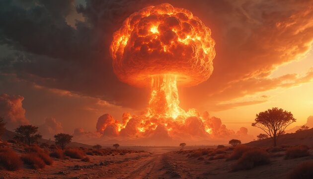 AI generated image shows nuclear blast mushroom cloud above deserted land. Atomic bomb explosion apocalyptic world war theme. Destruction, disaster, flames, firestorm, danger, death. - Powered by Adobe