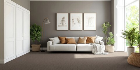 Modern living room interior with white sofa and brown cushions, greenery in pots, three framed nature prints, gray walls and natural light.