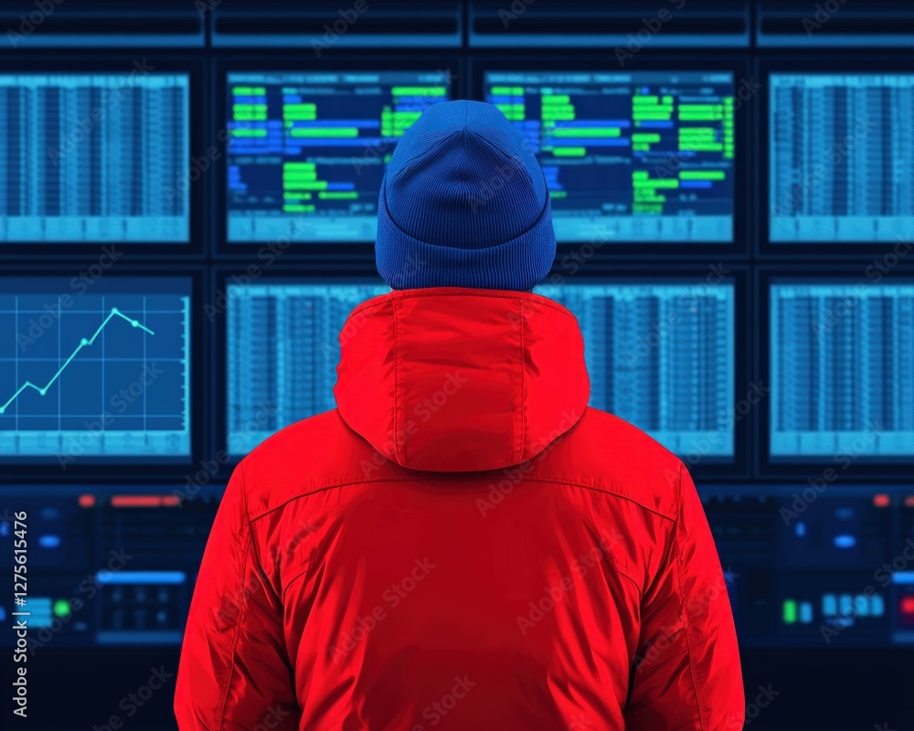 Aufkleber person in red jacket observing stock market data on multiple screens