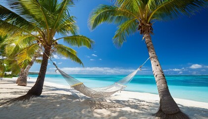 A hammock strung between two palm trees on a secluded beach, gently swaying in the breeze, creating a peaceful and relaxing tropical escape.